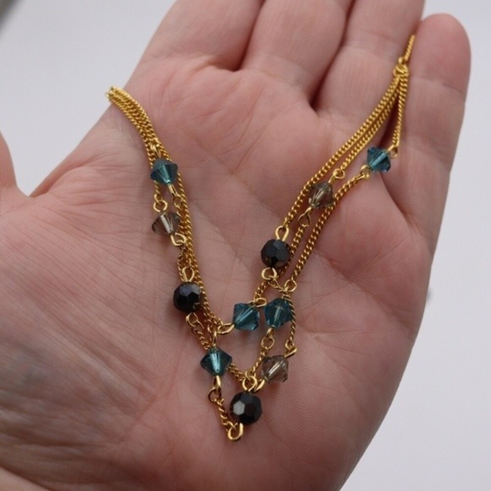 Nordstrom Crystal Collection Blue-Black Beaded Necklace Gold-Tone Chain NWT